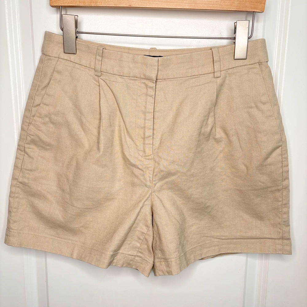 J Crew Chino Shorts Womens 6 Tan Khaki Linen Blend Pleated Front Casual Nautical